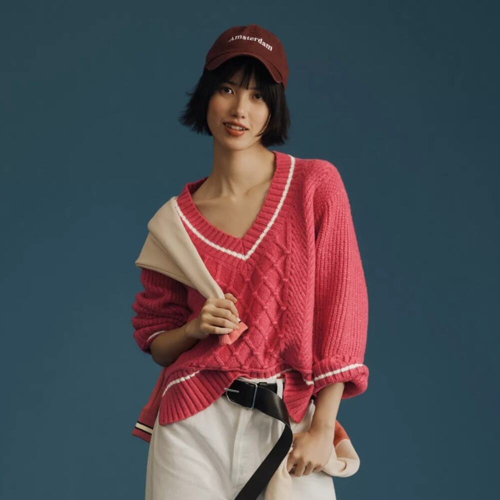 Anthropologie Maeve Tilly V-Neck Pullover Pink Sweater NEW Womens Large - Picture 9 of 9